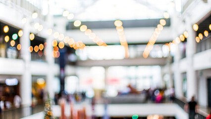 An out-of-focus shot of a large shopping mall atrium with decorative lights.
