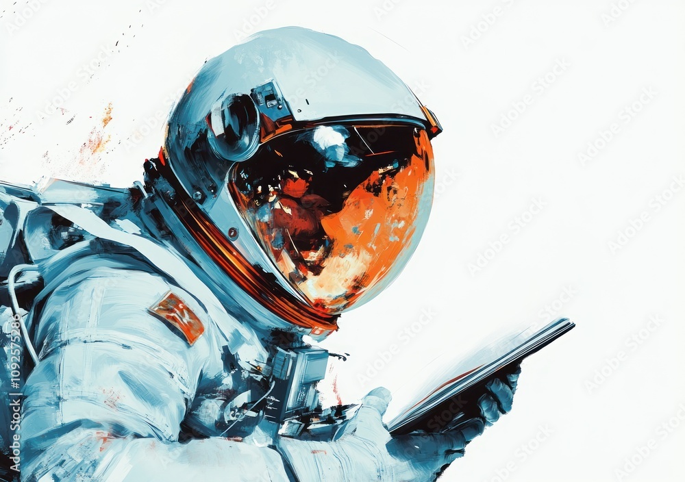 Poster an astronaut holding a tablet in space, showcasing technology in exploration.