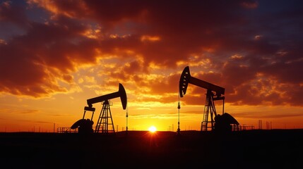 Sunset over oil production landscape with copy space