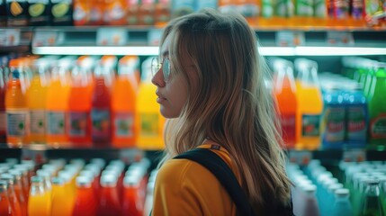 Woman enjoys her shopping experience in the beverage aisle of a grocery store, immersed in a vibrant selection of drinks and juices.