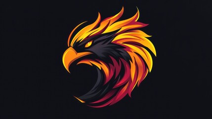 A fierce, stylized eagle head with glowing orange and red feathers.