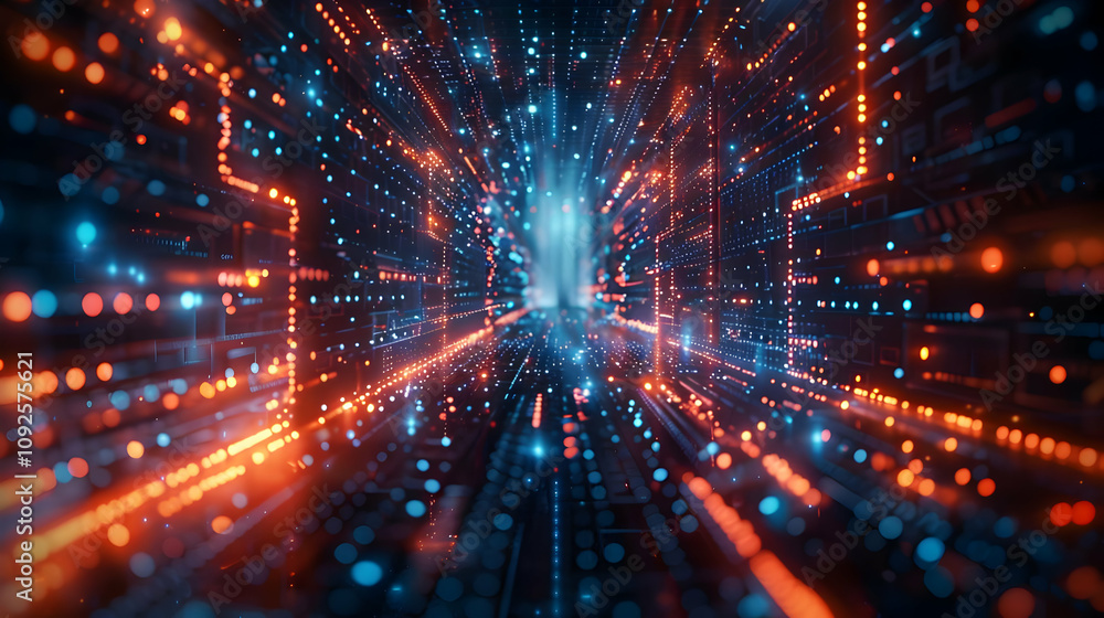 Poster abstract 3d digital tunnel of light, data streams flowing dynamically with orange and blue glowing p