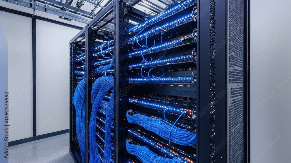 Poster illuminated data center server racks with blue cables