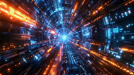 Obraz premium Abstract 3D Digital Tunnel: Glowing Neon Lights and Futuristic Circuitry, High-Speed Data Stream Visualization