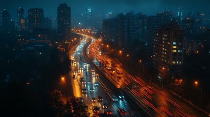 Fototapeta premium Nighttime traffic flow city streets urban scene dynamic environment