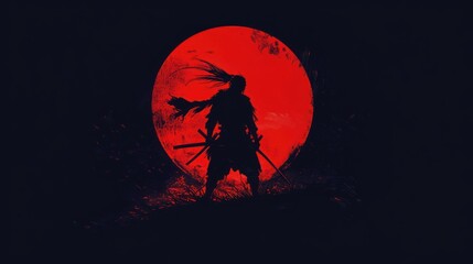 A silhouette of a samurai warrior stands before a large red moon, with two swords strapped to their back.