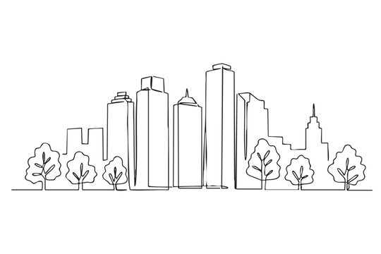 Modern cityscape tall building modern downtown business district one line continuous drawing