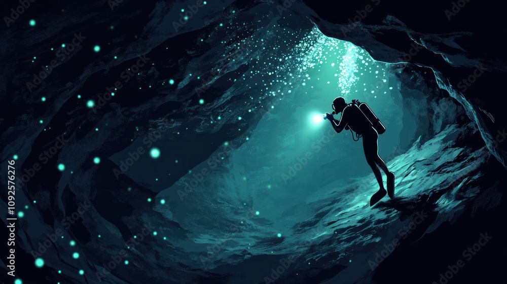 Poster a diver explores a mysterious underwater cave illuminated by glowing particles.