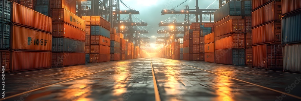 Aufkleber Aerial panoramic view of a busy container terminal with cargo containers stacked high at a commercial port at dusk. Freight logistics,shipping and global trade concept.