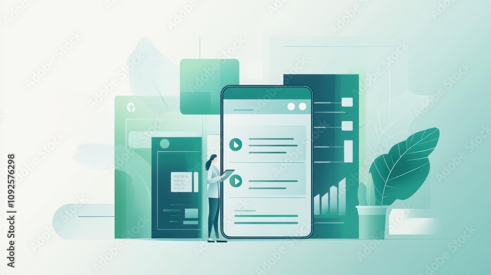Poster A digital illustration depicting a person interacting with a large smartphone amidst various tech elements.