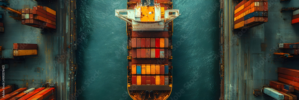 Aufkleber aerial panoramic view of a busy international port with stacked shipping containers,gantry cranes lo