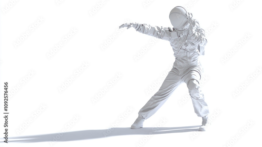 Poster a white-suited figure mimics a dynamic pose against a stark white background.