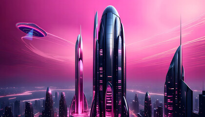 A futuristic skyscraper city, with an UFO