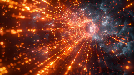 Fototapeta premium Abstract 3D Render of a Glowing Orange Tunnel Through Space, Featuring Dynamic Light Streaks and Dark Nebulae Clouds