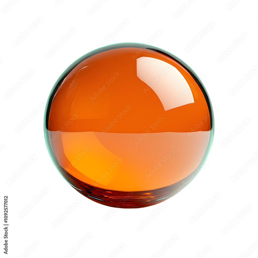 Poster amber translucent glass orb placed in a minimalist studio setting with soft lighting and shadows cre