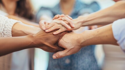 A group of people from different walks of life, holding hands in a circle