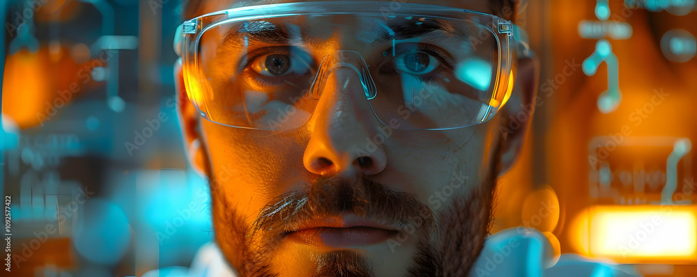 Poster close-up of a scientist in safety glasses examining a data screen in a futuristic laboratory setting