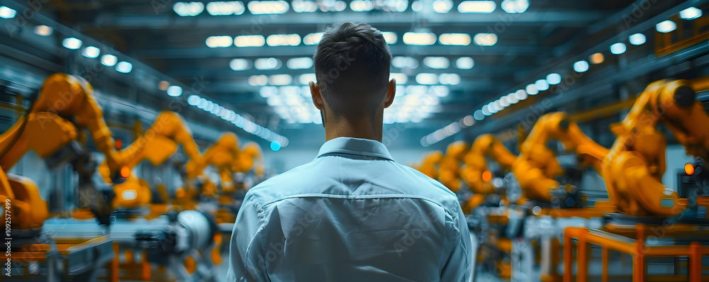Poster industrial worker observes automated robotic arms in a modern factory setting