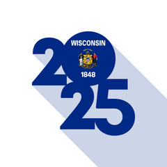 Long shadow 2025 banner with Wisconsin state flag inside. Vector illustration.