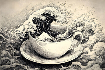 stormy sea waves illustrated within a cup of tea or coffee creative engraving. high quality image