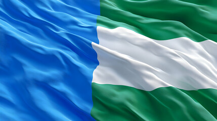 Obraz premium A Realistic 3D Render of a Blue, White, and Green Flag Waving in the Wind
