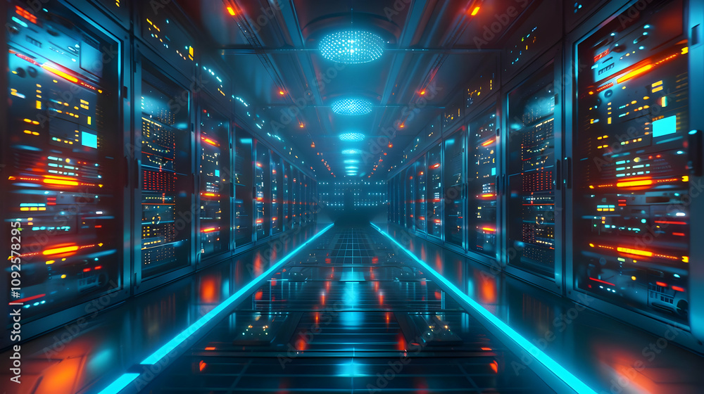 Poster 3d render of futuristic server room with neon lights, showcasing high-tech data center infrastructur
