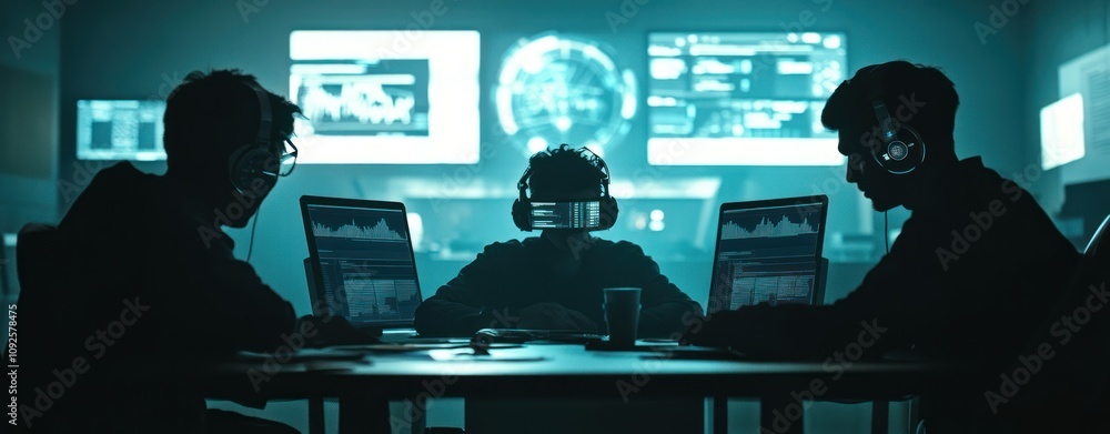 Aufkleber a group of individuals engaged in high-tech analysis with screens and virtual reality equipment.
