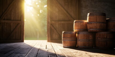 Harvesting time farm barrels in a rustic barn nature's bounty serene farm environment warm light viewpoint
