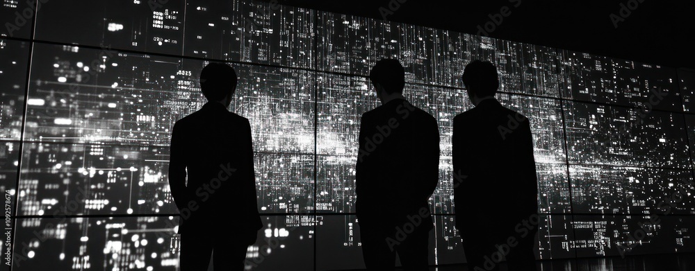 Poster Silhouetted figures observing a digital display of data and lights.
