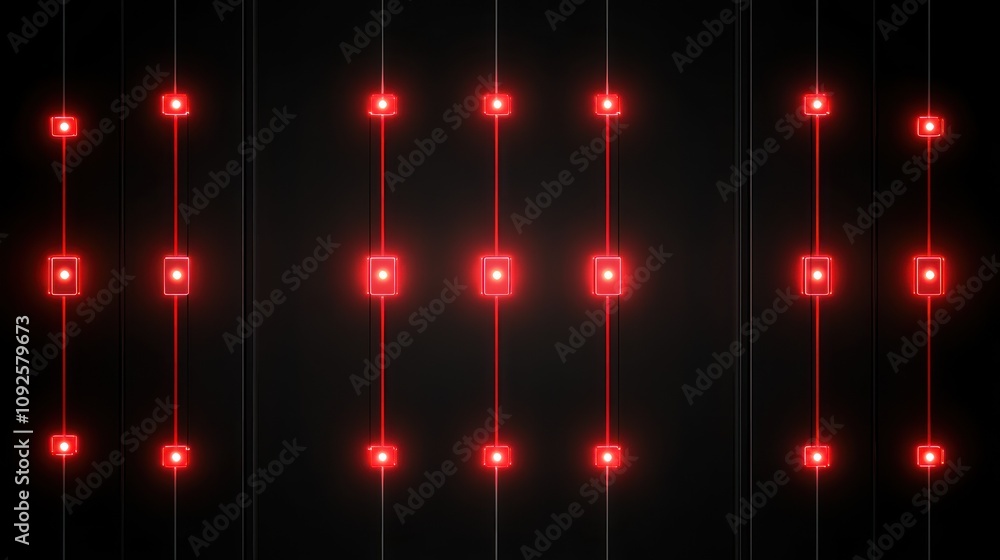 Poster a digital design featuring red lights arranged in a grid pattern on a dark background.