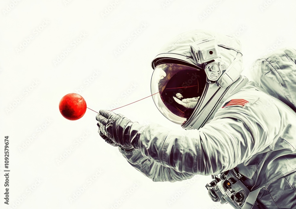 Poster an astronaut playfully interacts with a red ball in space, showcasing creativity and imagination.