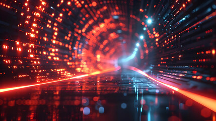 Fototapeta premium Abstract 3D Digital Tunnel with Red and Blue Neon Lights Glowing Brightly in Futuristic Sci-Fi Setting