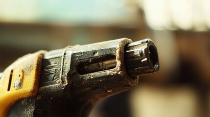 A macro photograph of the nail gun's nozzle, focusing on the details and any residue, with the surrounding area softly blurred.