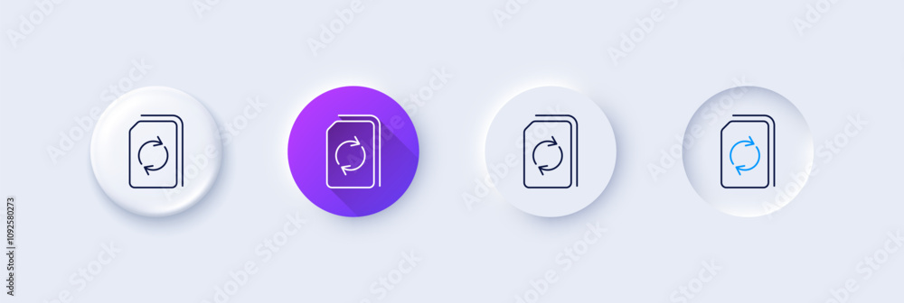 Poster update document line icon. neumorphic, purple gradient, 3d pin buttons. refresh information file sig