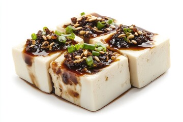 Tofu Cubes Topped With Savory Sauce And Seeds