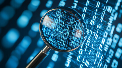 magnifying glass focuses on binary code, symbolizing data analysis and cybersecurity. image conveys sense of investigation and technology