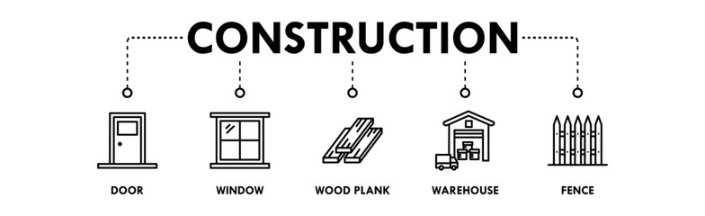 Construction banner web icon illustration concept with icon of door, window, wood plank, warehouse, and fence