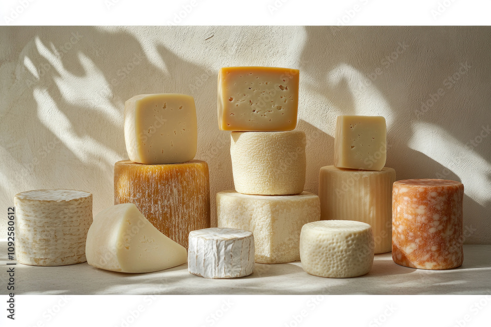 Poster sunlight streams through a window illuminating a collection of artisan cheeses arranged on a neutral
