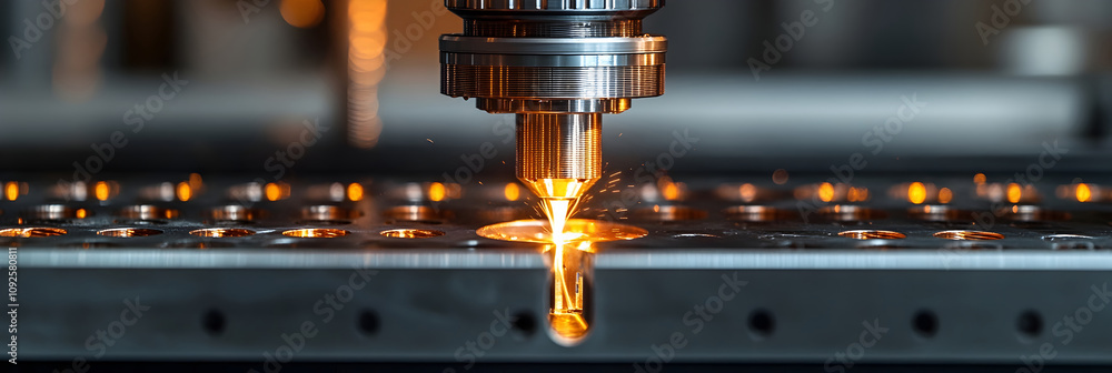 Poster Automated precision manufacturing process featuring a robotic welding machine in a modern industrial workshop.