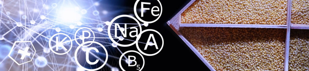 A set of grain cereals. Rice, buckwheat and millet groats in a wooden tray. A grocery set of cereals. Import of grain.