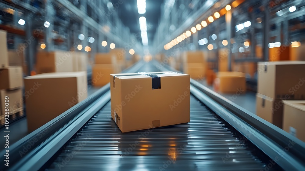 Poster automated warehouse logistics system with conveyor belt transporting stacked cardboard boxes on shel