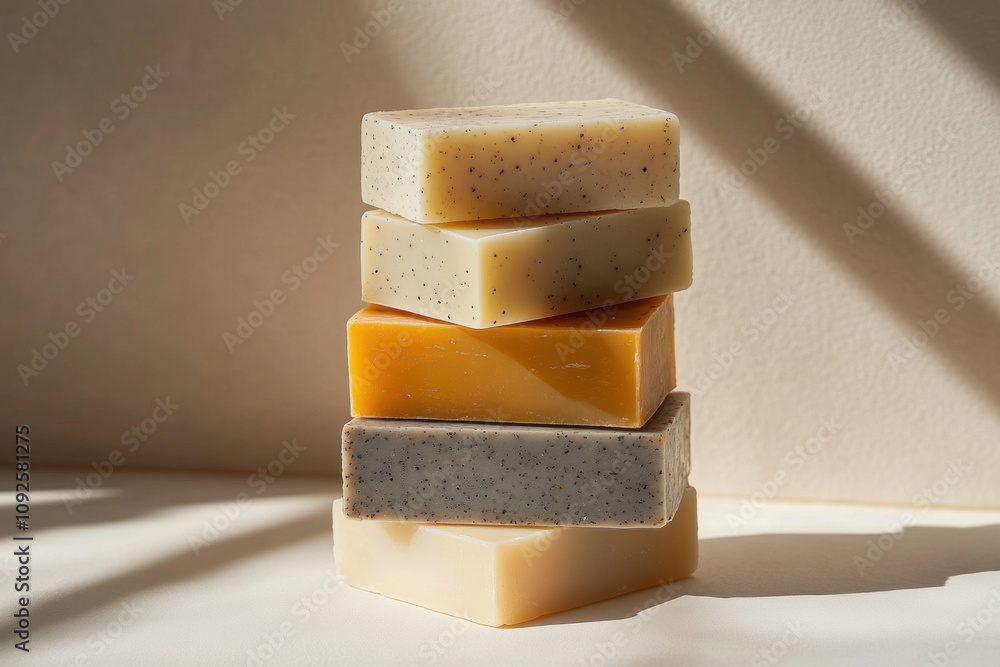 Poster sunlight streams across a stack of five handcrafted soaps, each bar a unique color and texture, a se
