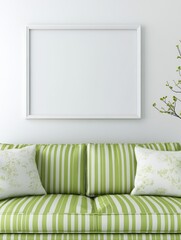 Green Striped Sofa With White Frame And Blank Canvas