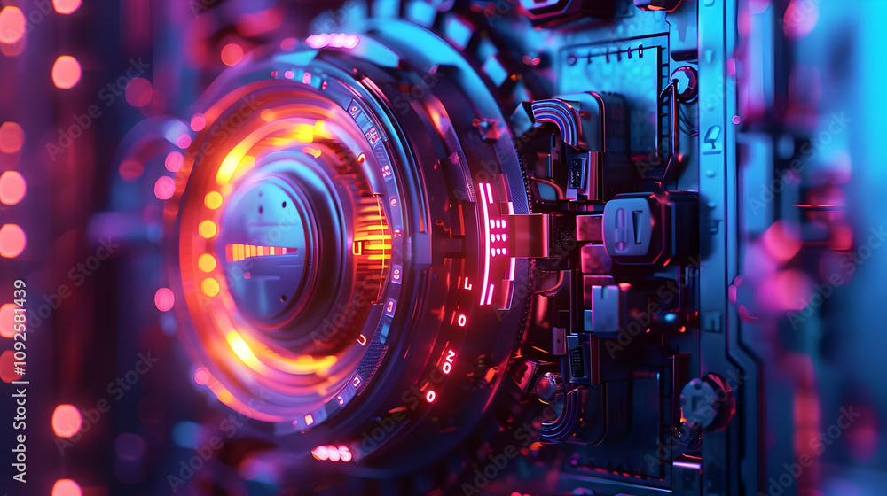 Poster futuristic 3d render of a glowing technological device with neon lights, abstract background