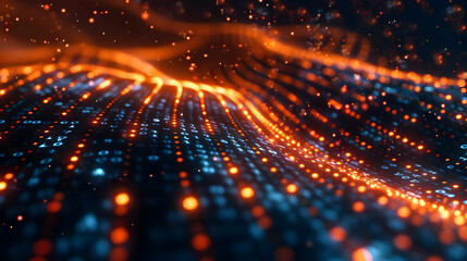 Fototapeta premium Abstract 3D Digital Data Wave Background with Glowing Binary Code and Particles