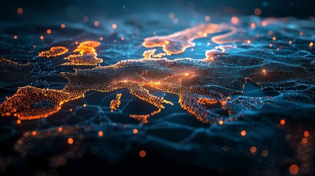 This digital art piece showcases an illuminated map of Europe, highlighting connections through vibrant nodes and lines, reflecting network and data flow beautifully.