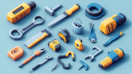 Obraz premium High-detail 3D vector cartoon icons of a set of tools: planer, saw, pliers, screwdriver, vise, drill, hammer, and adjustable wrench, bright design