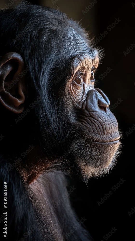 Aufkleber a close-up profile of a chimpanzee, showcasing its expressive features and thoughtful gaze.