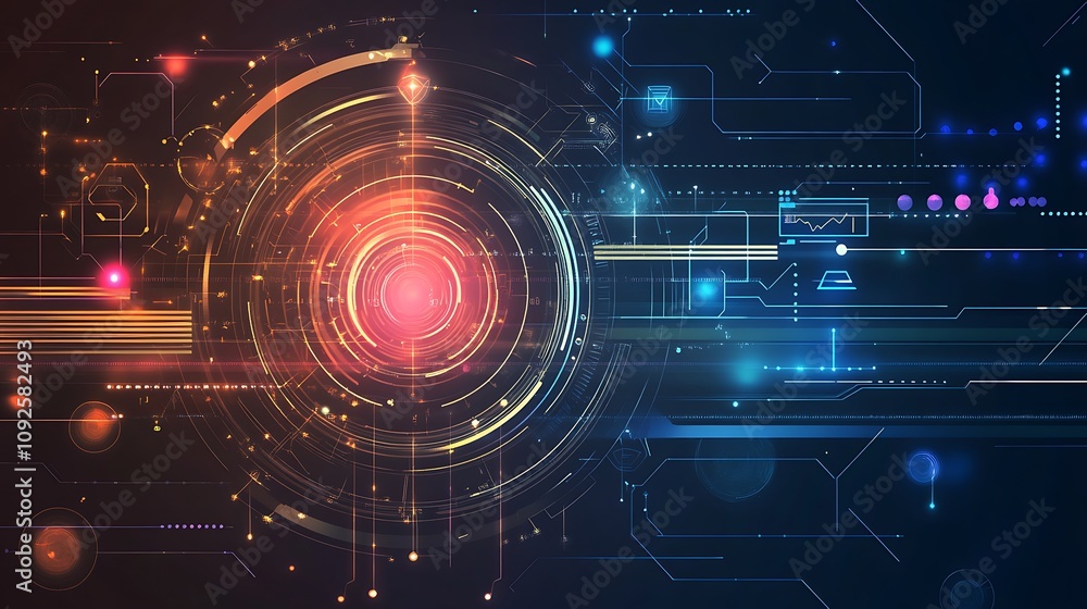 Poster abstract technological network: glowing circuits and data streams