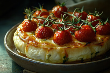 Baked brie with roasted cherry tomatoes creates a warm and inviting centerpiece for any gathering